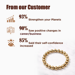 Gold beaded bracelet with customer feedback statistics on a white background