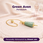 Green Aven Pendulum on a soft fabric background with branding text.
