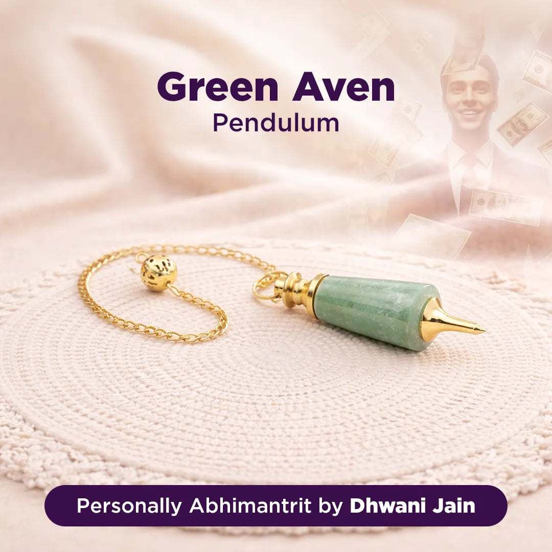 Green Aven Pendulum on a soft fabric background with branding text.