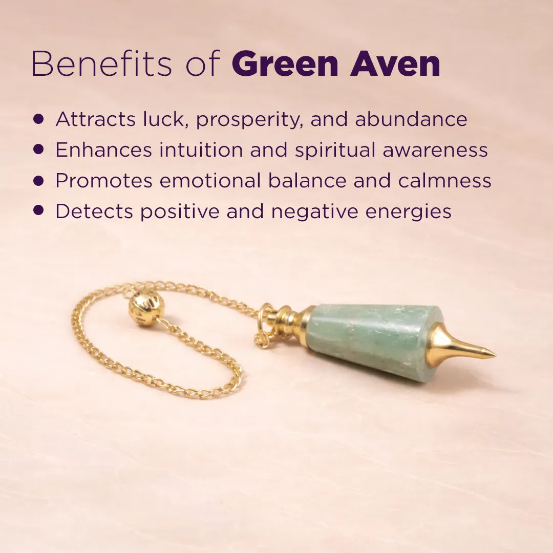 Green Aven product with benefits listed on a beige backgroundGreen Aventurine Pendulum for Luck, Prosperity & Dowsing - Abhimantrit