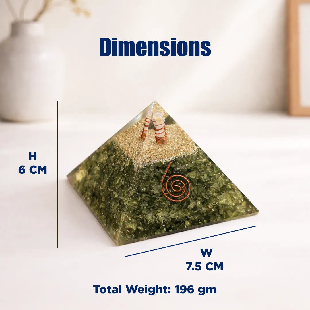 Pyramid-shaped object with dimensions and weight information on a white surface.Green Aventurine Crystal Pyramid – Luck, Growth & Success Energy Pyramid