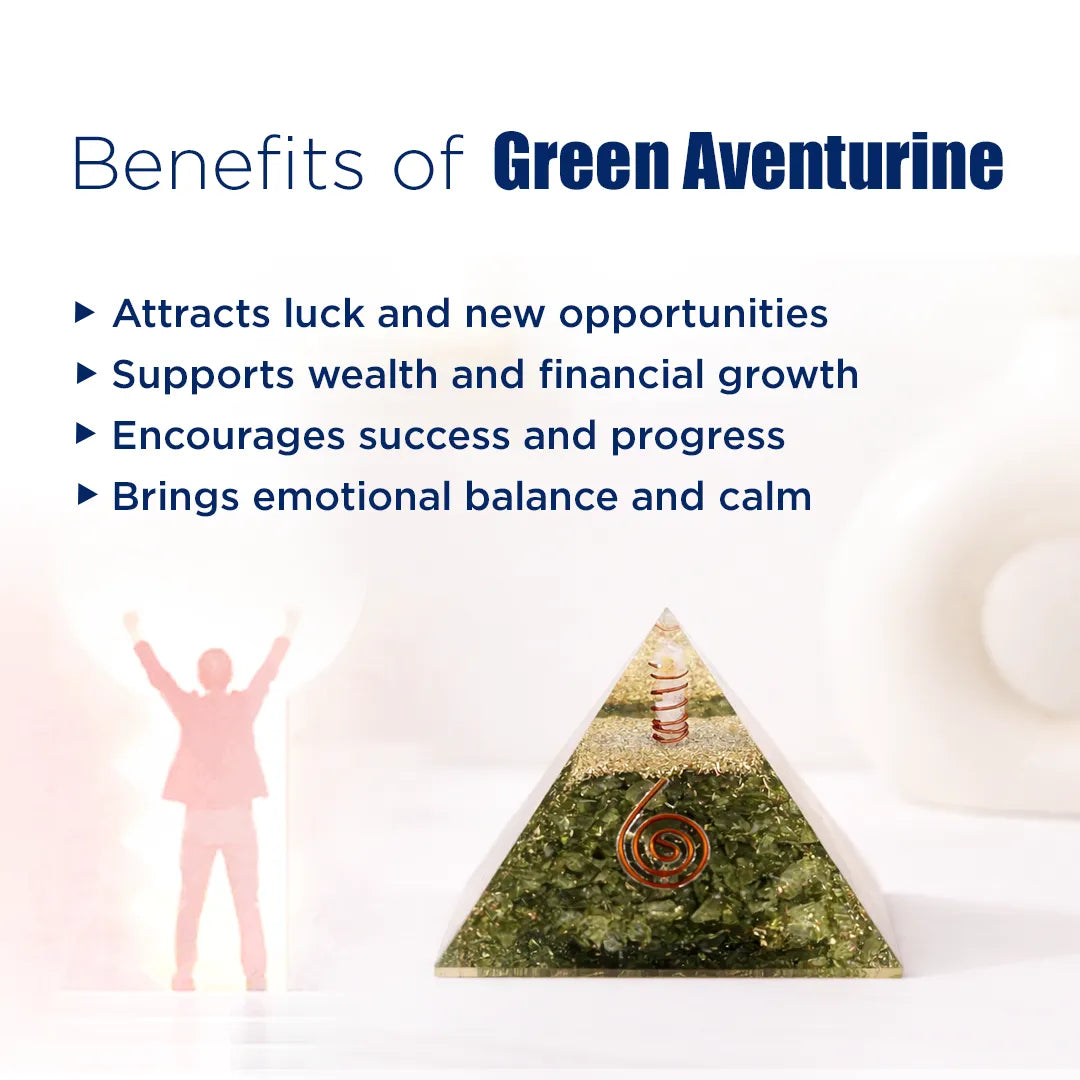 Green aventurine benefits listed with a pyramid-shaped stone on a white background