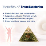 Green aventurine benefits listed with a pyramid-shaped stone on a white background