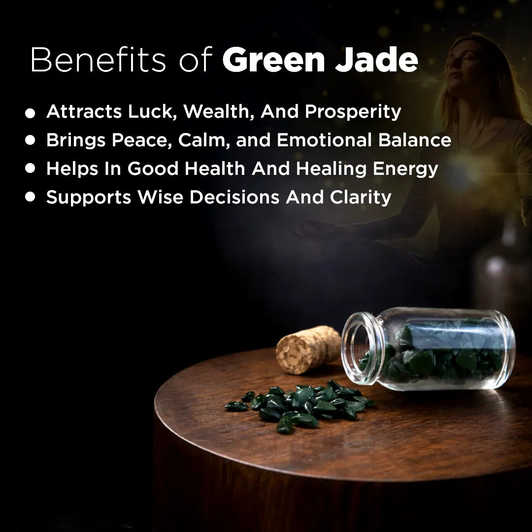Glass jar with green stones on a wooden surface, with text about the benefits of green jade.