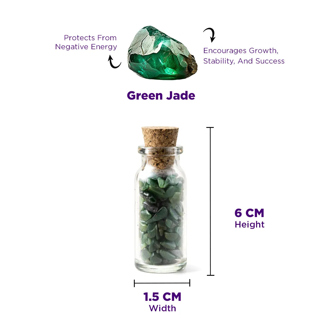 Green jade crystal in a glass bottle with measurements and properties on a white backgroundGreen Jade Bottle Chips – Luck, Prosperity & Emotional Balance Energy
