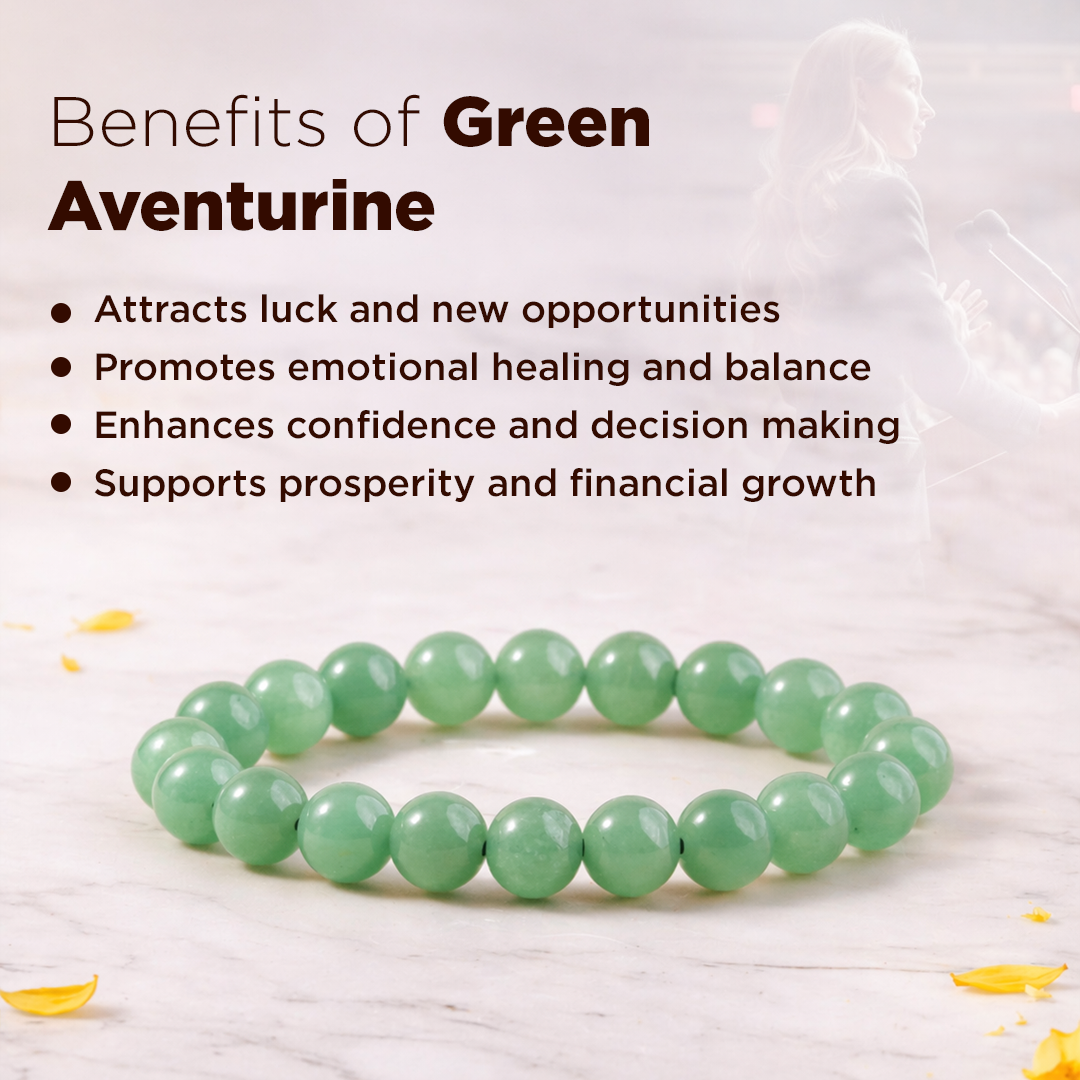 Green aventurine bracelet with benefits listed on a light background