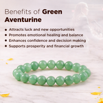 Green aventurine bracelet with benefits listed on a light background