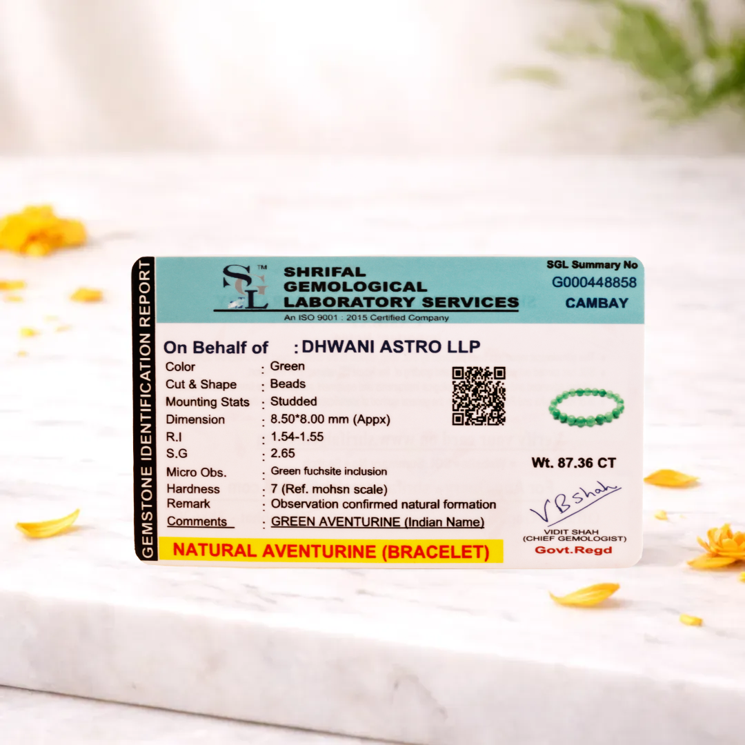 Shriful Gemological Laboratory Services identification report for a green aventurine bracelet on a white background with yellow flowers.