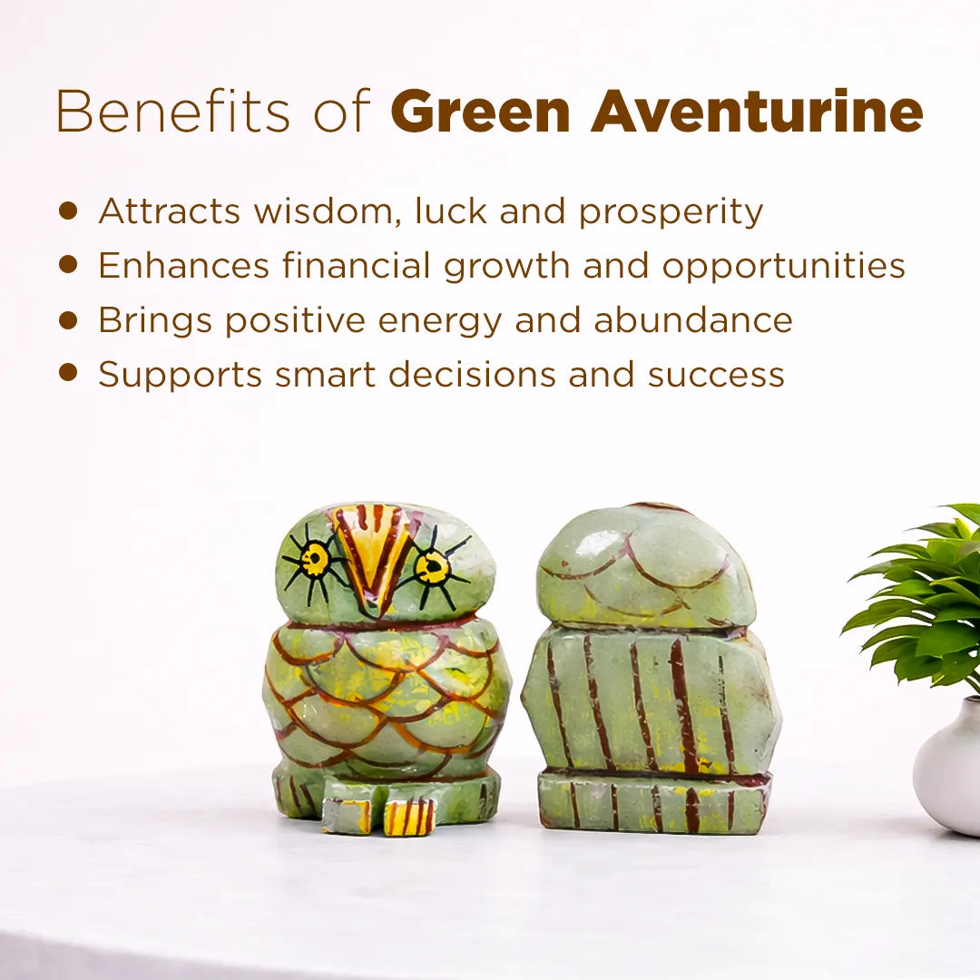 Green aventurine owl figurines with text on benefits on a white background