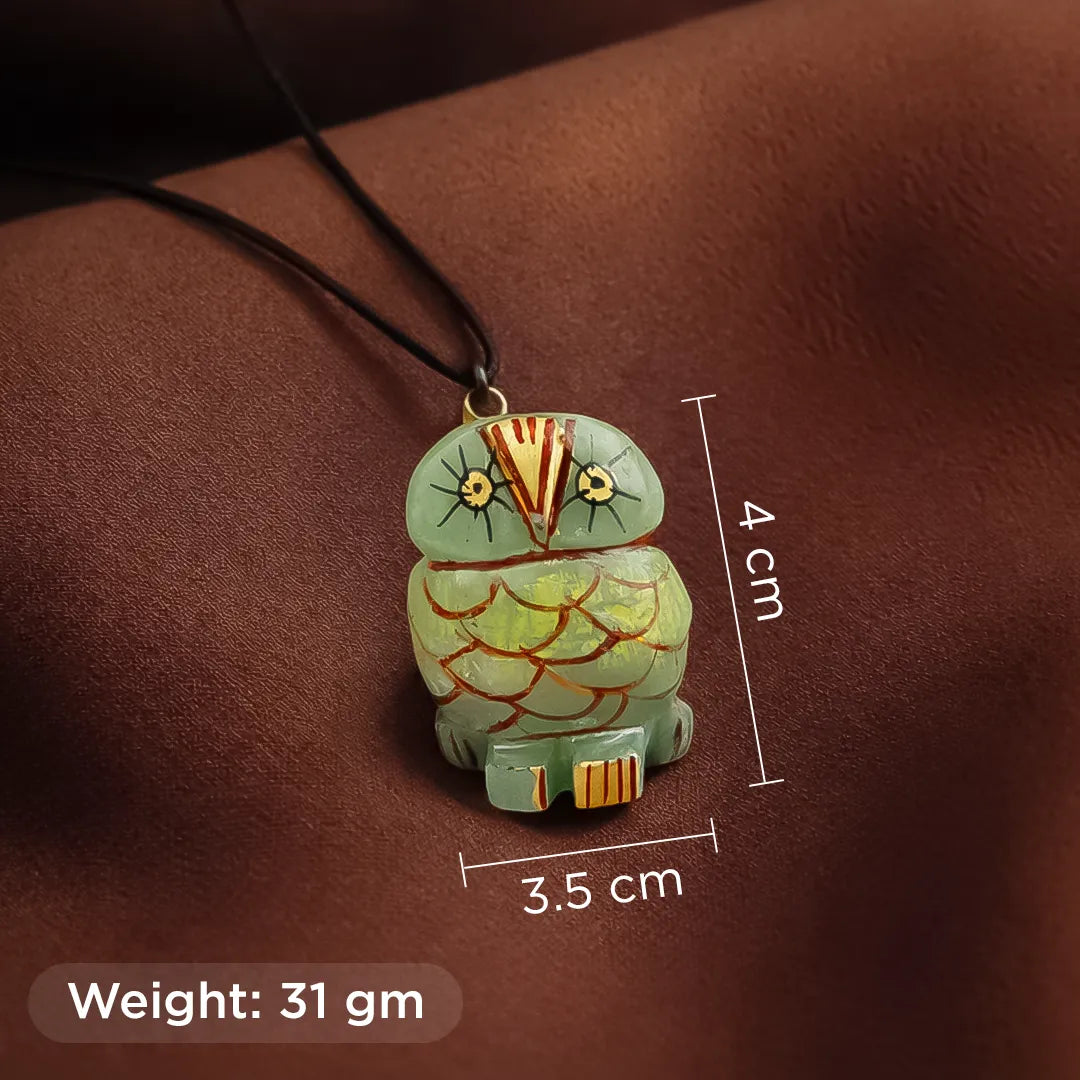Green owl pendant with measurements on a brown backgroundGreen Aventurine Owl Pendant – Luck, Prosperity & Success Crystal Pendant