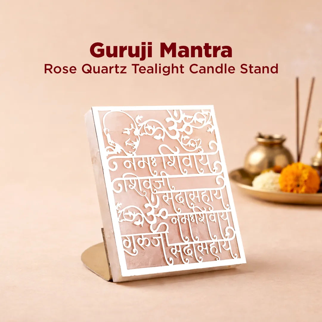 Rose Quartz Tealight Candle Stand with 'Guruji Mantra' text on a beige background