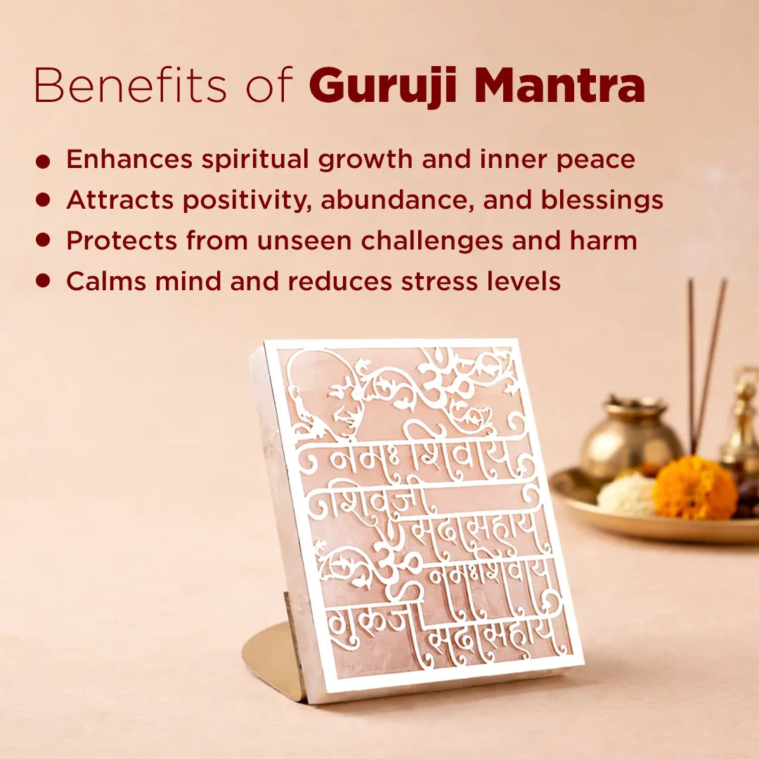Guruji Mantra card with benefits listed on a soft pink backgroundGuru Ji Mantra Rose Quartz Candle Stand for Blessings & Peace