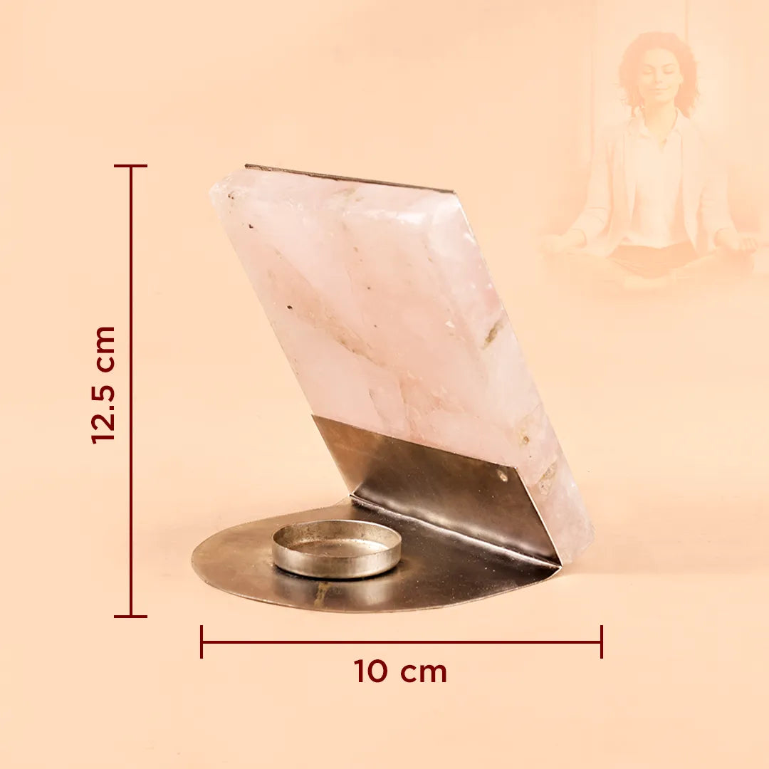 Measurement chart with a decorative item and dimensions on a beige backgroundGuru Ji Mantra Rose Quartz Candle Stand for Blessings & Peace