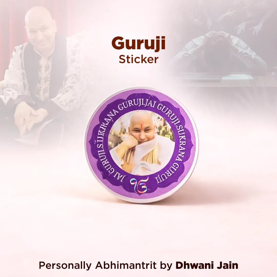 Guruji sticker with a purple border featuring an image of a person holding a child, on a light pink background.