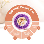 Circular diagram highlighting features of a product labeled 'Spiritual Protection' with a focus on multi-use, premium quality, metallic finish, and meaning as a gift.