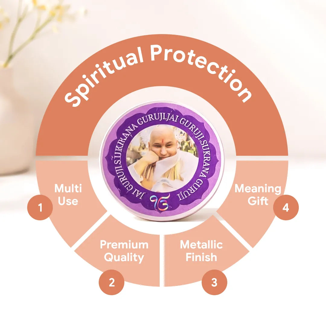 Circular diagram highlighting features of a product labeled 'Spiritual Protection' with a focus on multi-use, premium quality, metallic finish, and meaning as a gift.Guruji Sticker (Pack of 10pcs) - Divine Blessings & Spiritual Protection