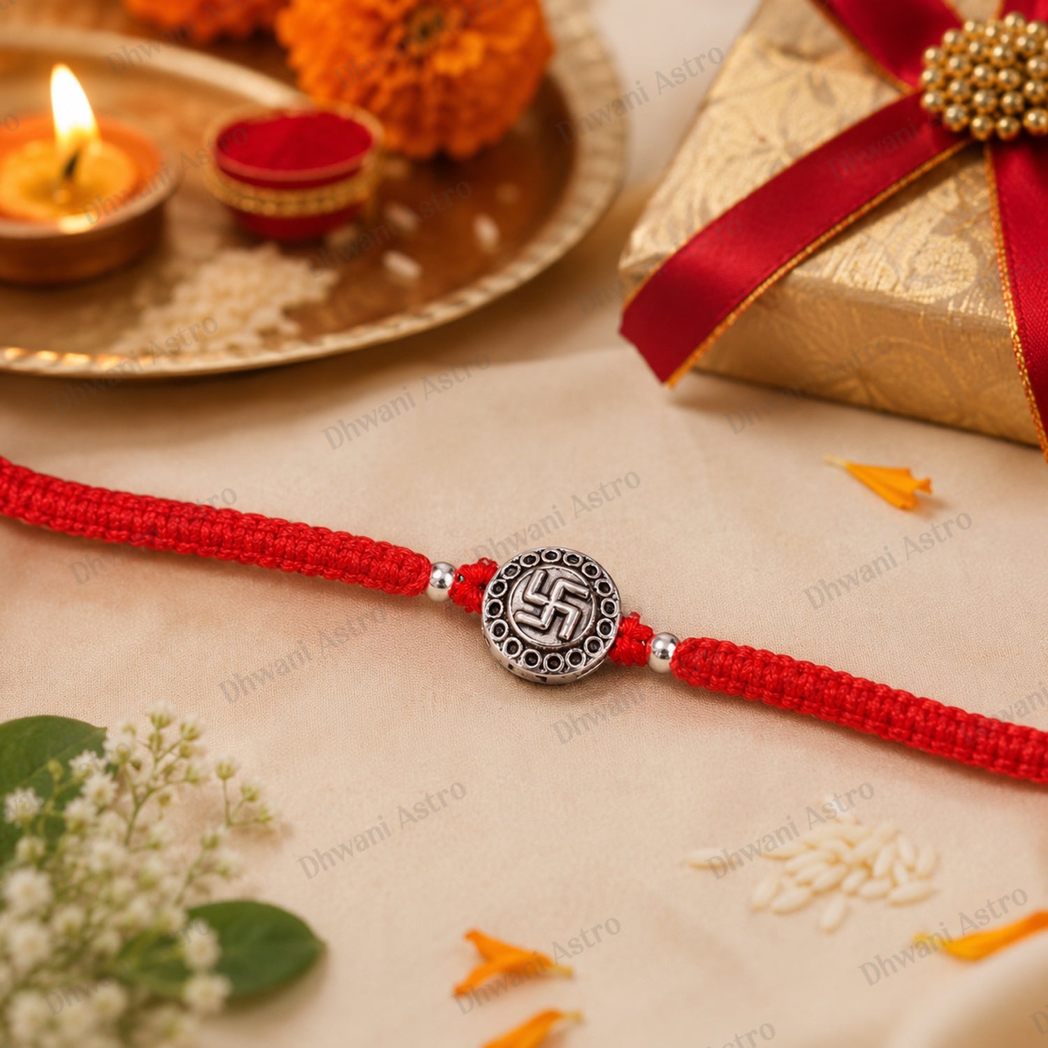 Handcrafted 925 Sterling Silver Swastik Rakhi with adjustable red thread and festive Raksha Bandhan décor.