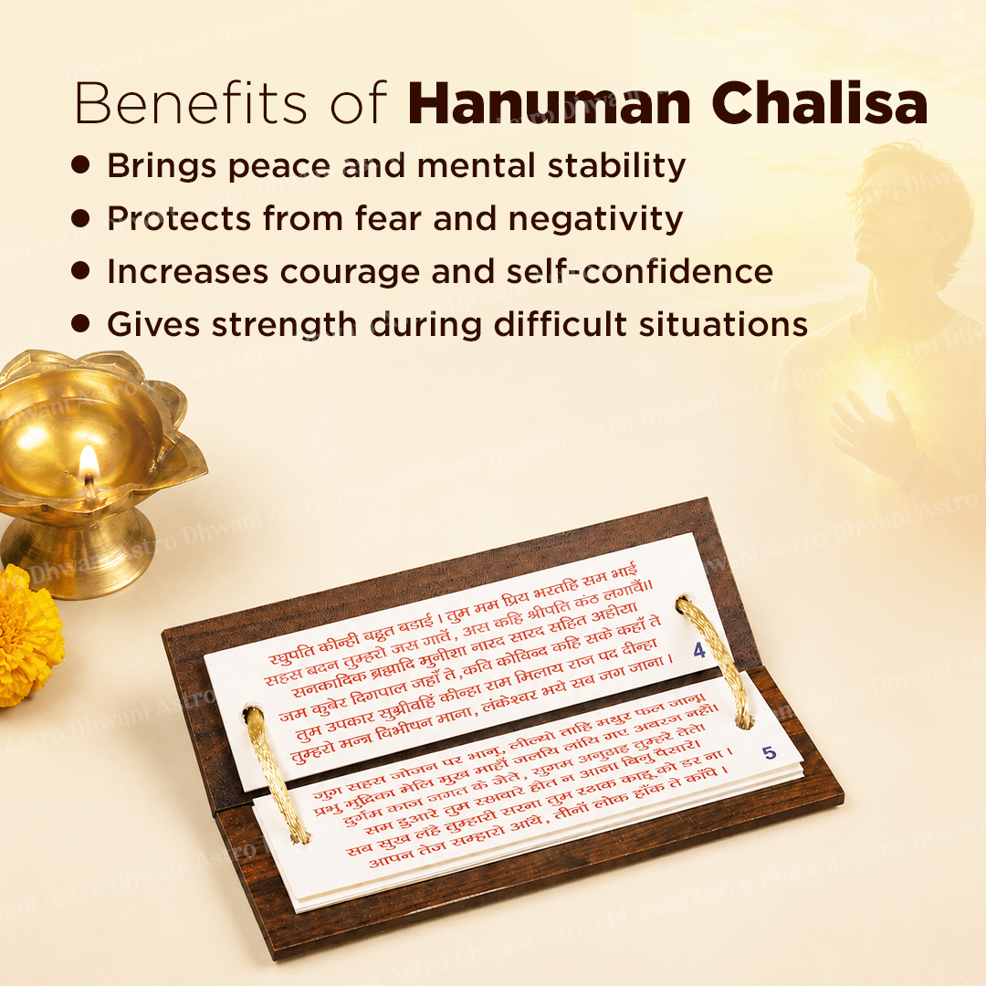A promotional graphic for Hanuman Chalisa, showing a wooden plaque with a folded white cloth displaying red Devanagari text, alongside a brass lamp, yellow flowers, and a soft glowing silhouette of Lord Hanuman. Text on the image lists the benefits of Hanuman Chalisa in English and Hindi.