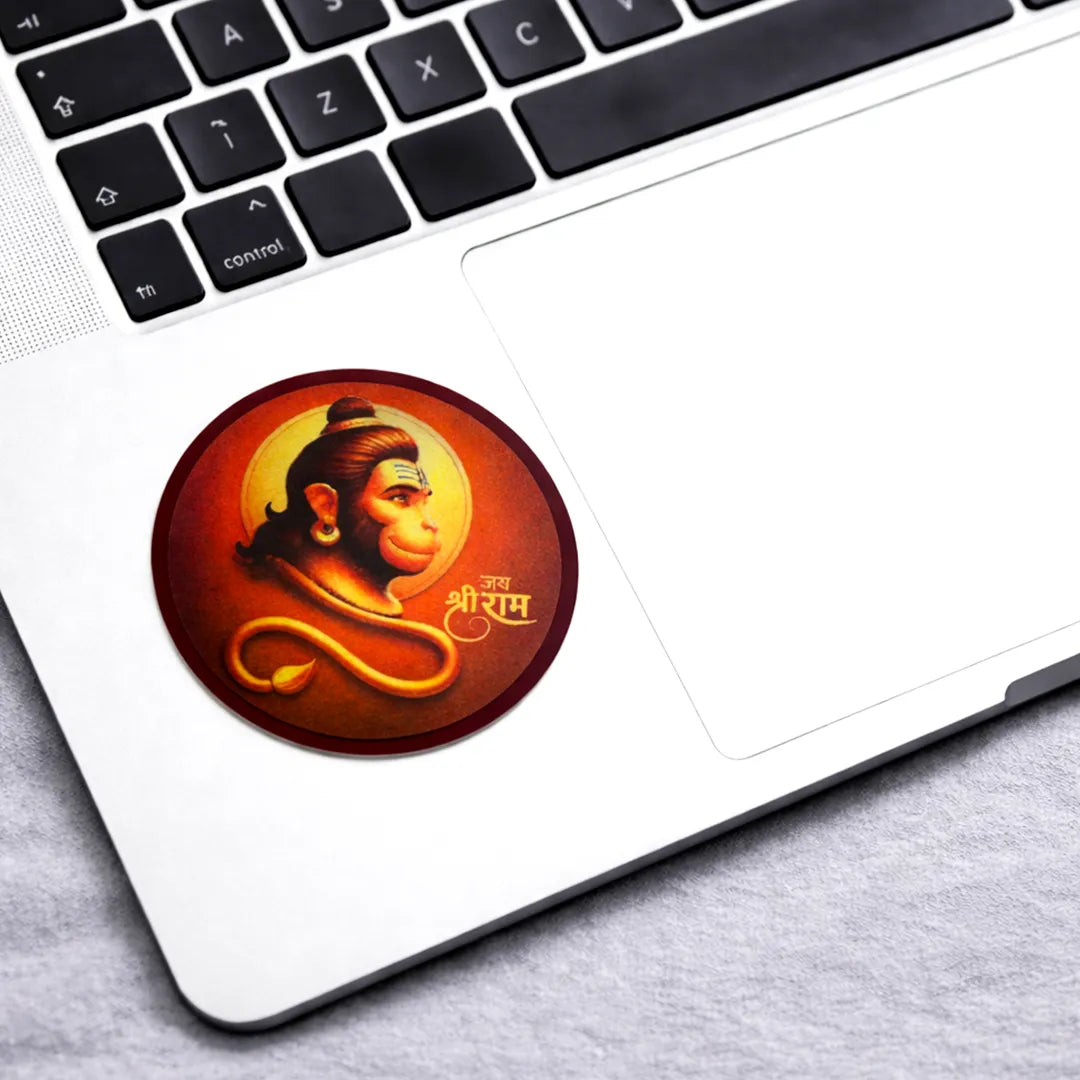 Laptop with a sticker of a religious figure on the palm rest areaHanuman Ji Sticker (Pack of 10pcs) - Bajrangbali Protection