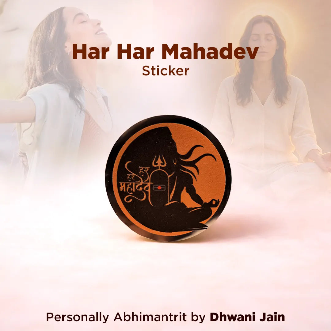 Sticker with 'Har Har Mahadev' design featuring a silhouette of a deity, with a blurred background of a person.