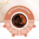 Circular diagram of 'Spiritual Protection' with features like multi-use, premium quality, metallic finish, and meaning gift.