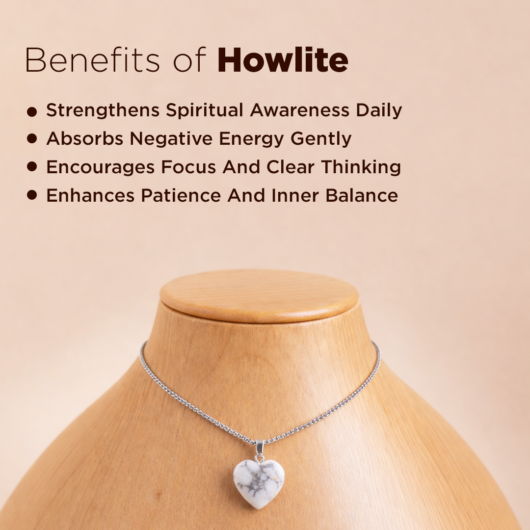 Howlite necklace on a mannequin with benefits listed on a beige background