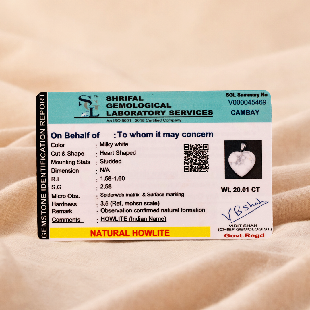 Shriful Gemological Laboratory Services identification report on a light brown background