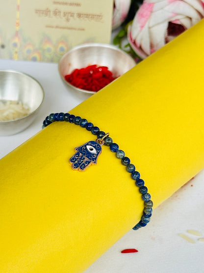 Premium Rakhi for Good Communication Lapis Lazuli Hamsa Bracelet Rakhi- Abhimantrit