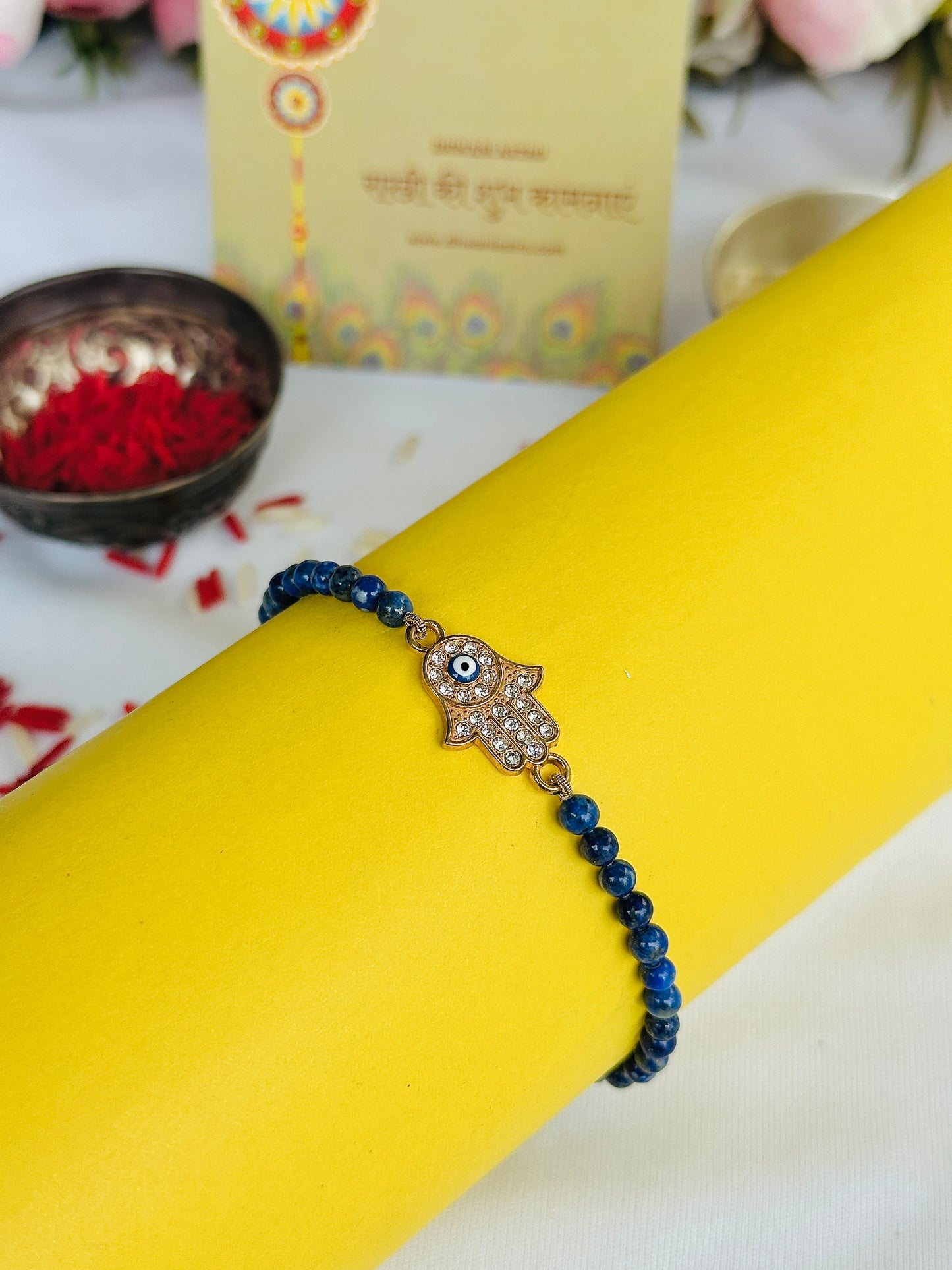 Premium Rakhi for Good Communication (Lapis Lazuli with Crystal Hamsa)- Abhimantrit