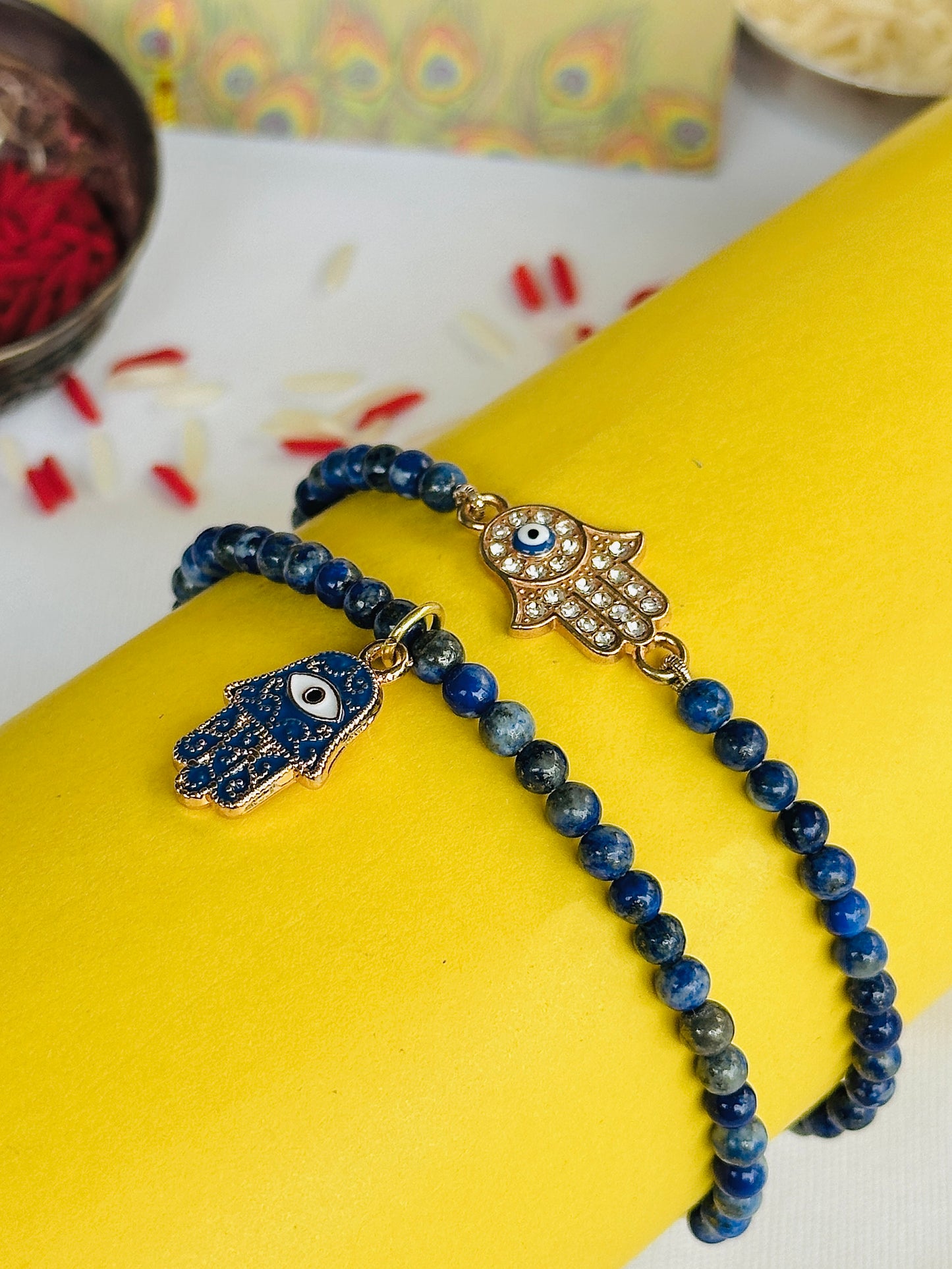 Premium Rakhi for Good Communication (Lapis Lazuli with Crystal Hamsa)- Abhimantrit