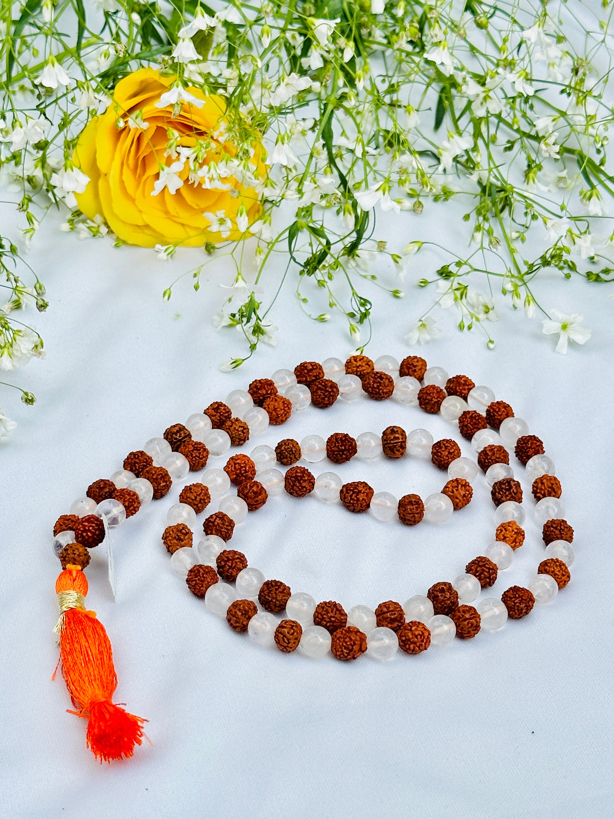 Rudraksha with Clear Quartz Mala for Clarity, Healing & Protection