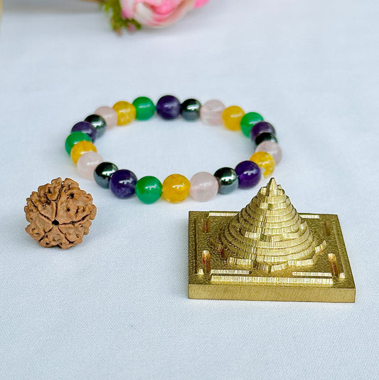 Divine Health Combo of 3: Good Health Well Being Bracelet, Maha Mrityunjaya Yantra & Panch Mukhi Rudraksha