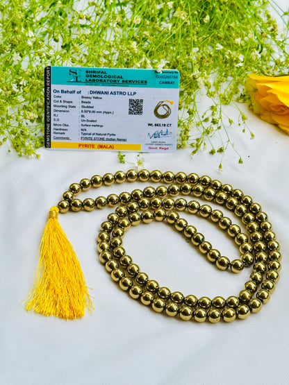 Golden Pyrite Jap Mala (8mm Beads) - Abhimantrit & Certified