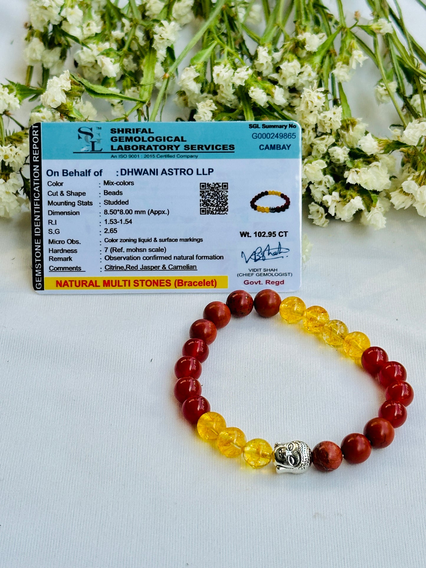 Cholesterol Control Bracelet (Red Carnelian, Yellow Citrine and Red Jasper) - Abhimantrit & Certified