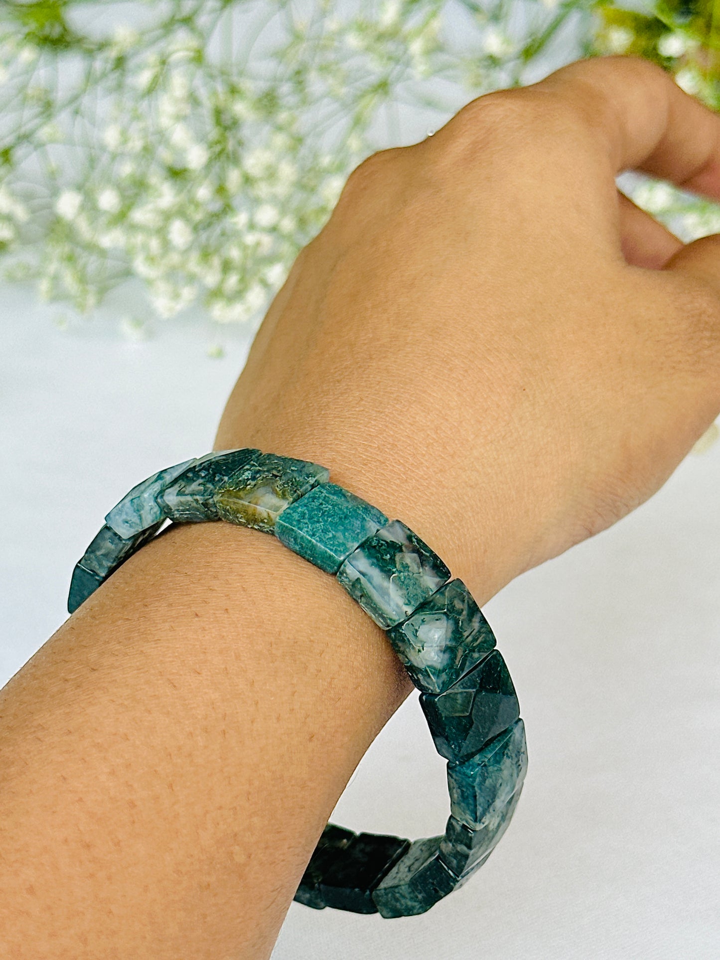 Moss Agate Emerald Cut Bracelet - Abhimantrit & Certified