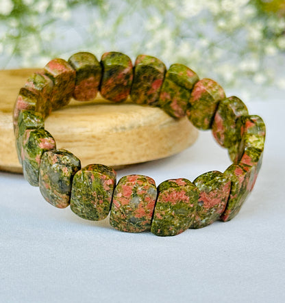 Unakite Emerald Cut Bracelet - Abhimantrit & Certified