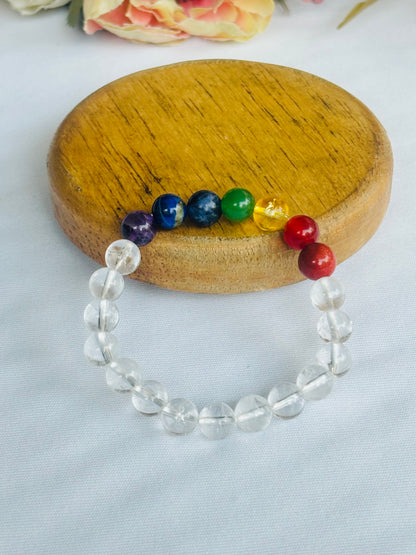 Clear Quartz with 7 Chakra Bracelet - Abhimantrit & Certified