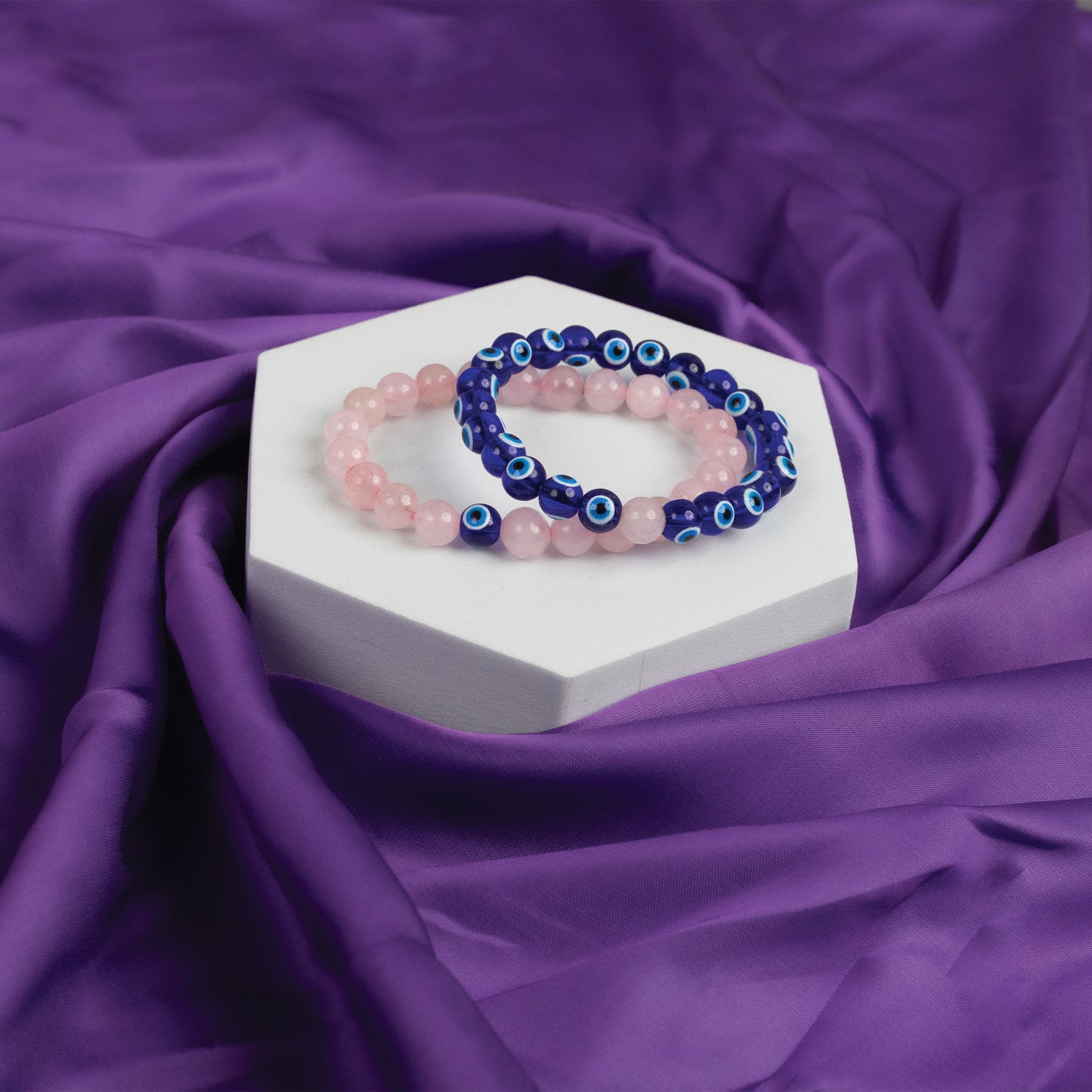 Rose Quartz and Evil Eye Bracelet Combo - Abhimantrit & Certified