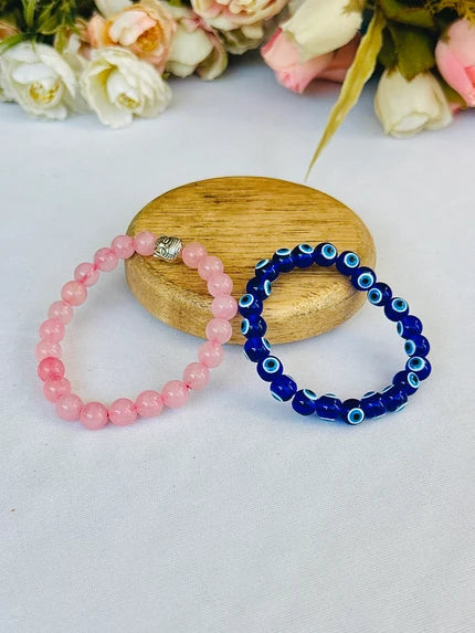 Protect your Relationship: Rose Quartz & Evil Eye Bracelet - Abhimantrit & Certified