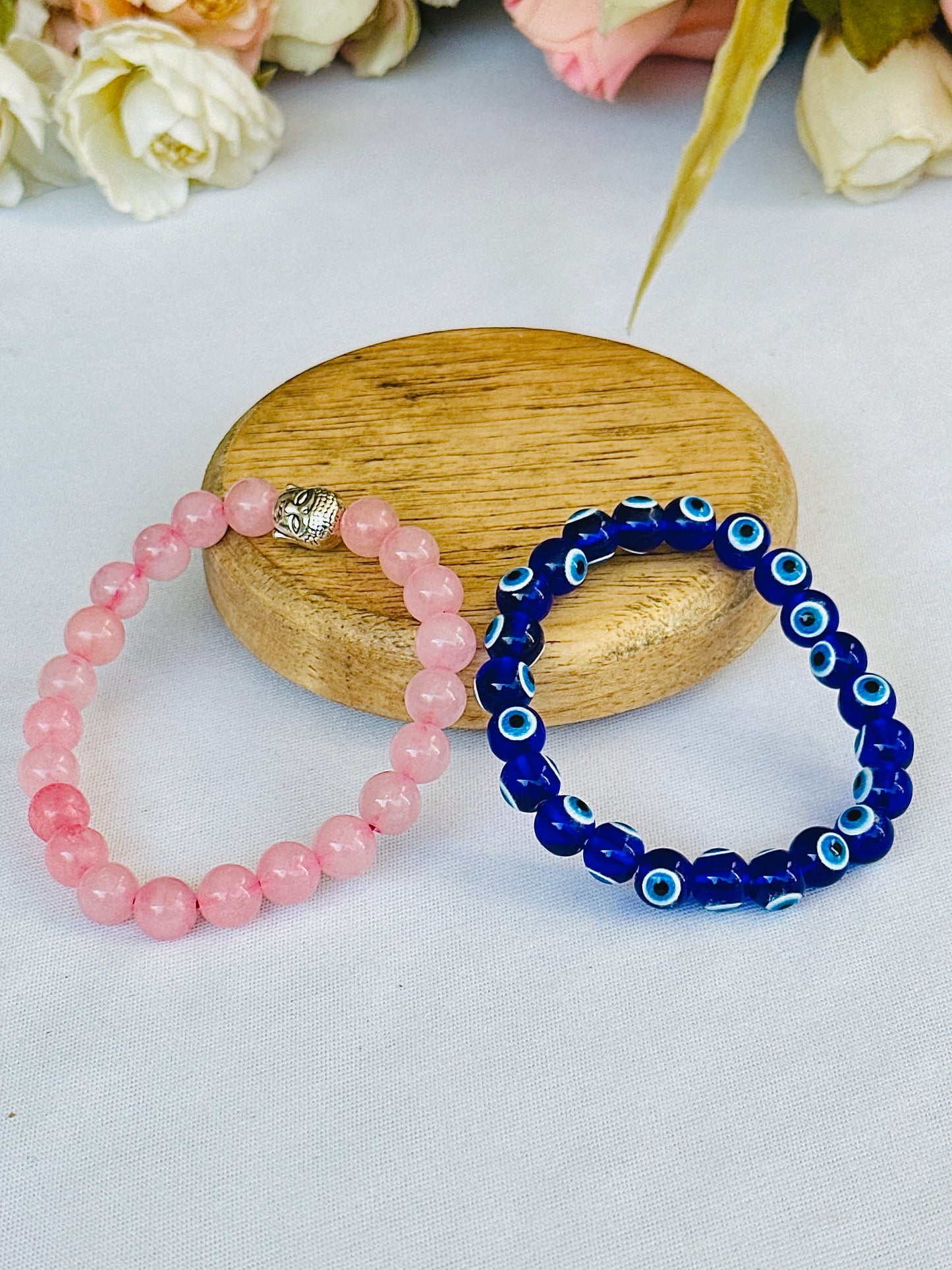 Protect your Relationship (Rose Quartz & Evil Eye Bracelet) - Abhimantrit & Certified