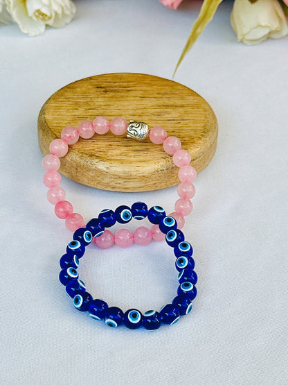 Protect your Relationship (Rose Quartz & Evil Eye Bracelet) - Abhimantrit & Certified