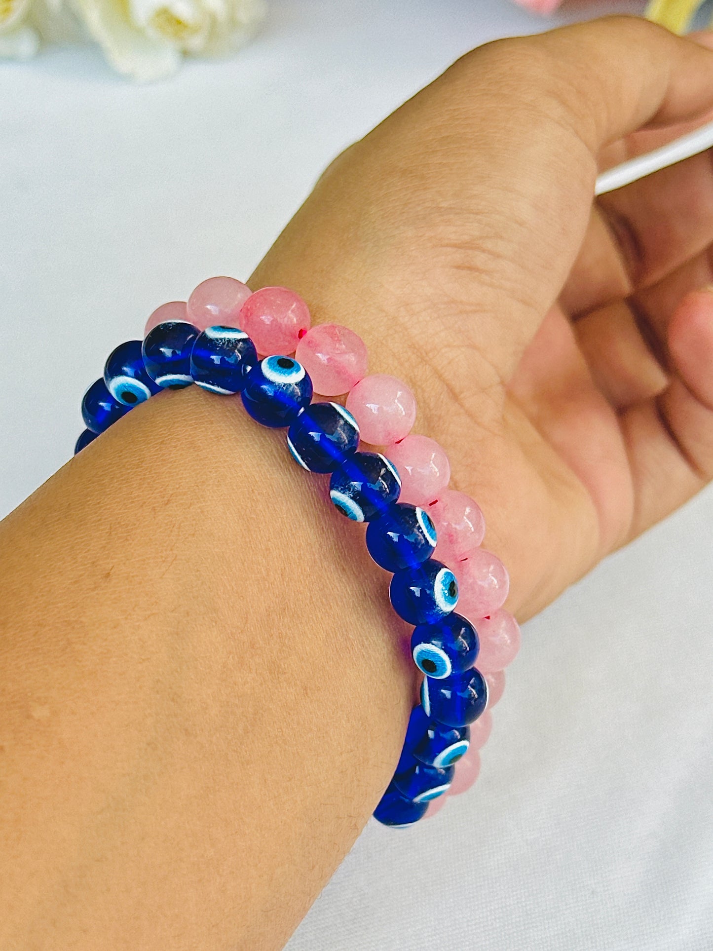 Protect your Relationship (Rose Quartz & Evil Eye Bracelet) - Abhimantrit & Certified