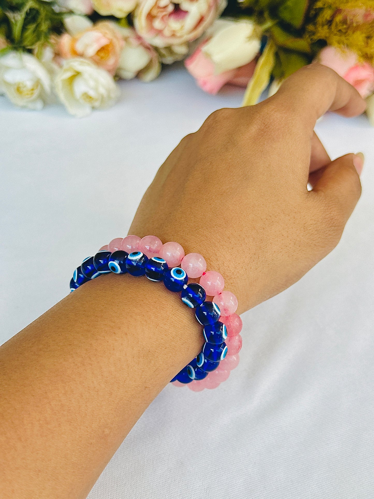 Protect your Relationship (Rose Quartz & Evil Eye Bracelet) - Abhimantrit & Certified