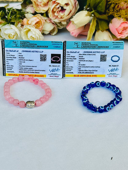 Protect your Relationship (Rose Quartz & Evil Eye Bracelet) - Abhimantrit & Certified