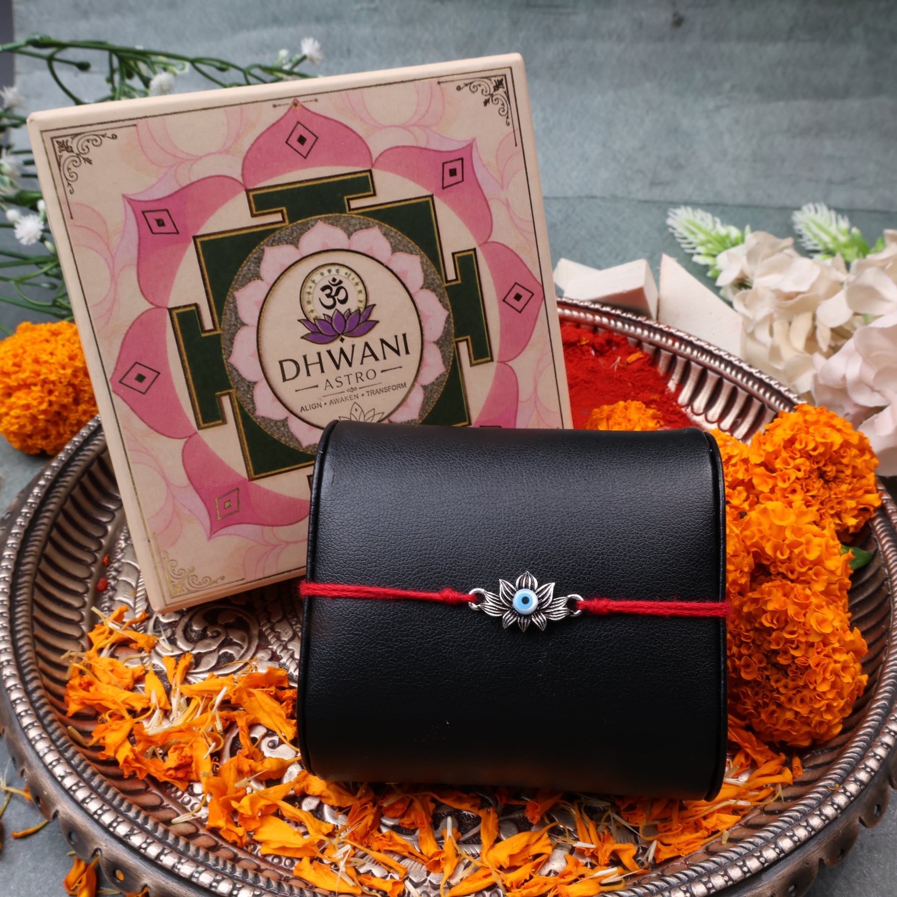 925 Pure Silver Lotus with Evil Eye Rakhi for Protection, Prosperity & Positive Energy