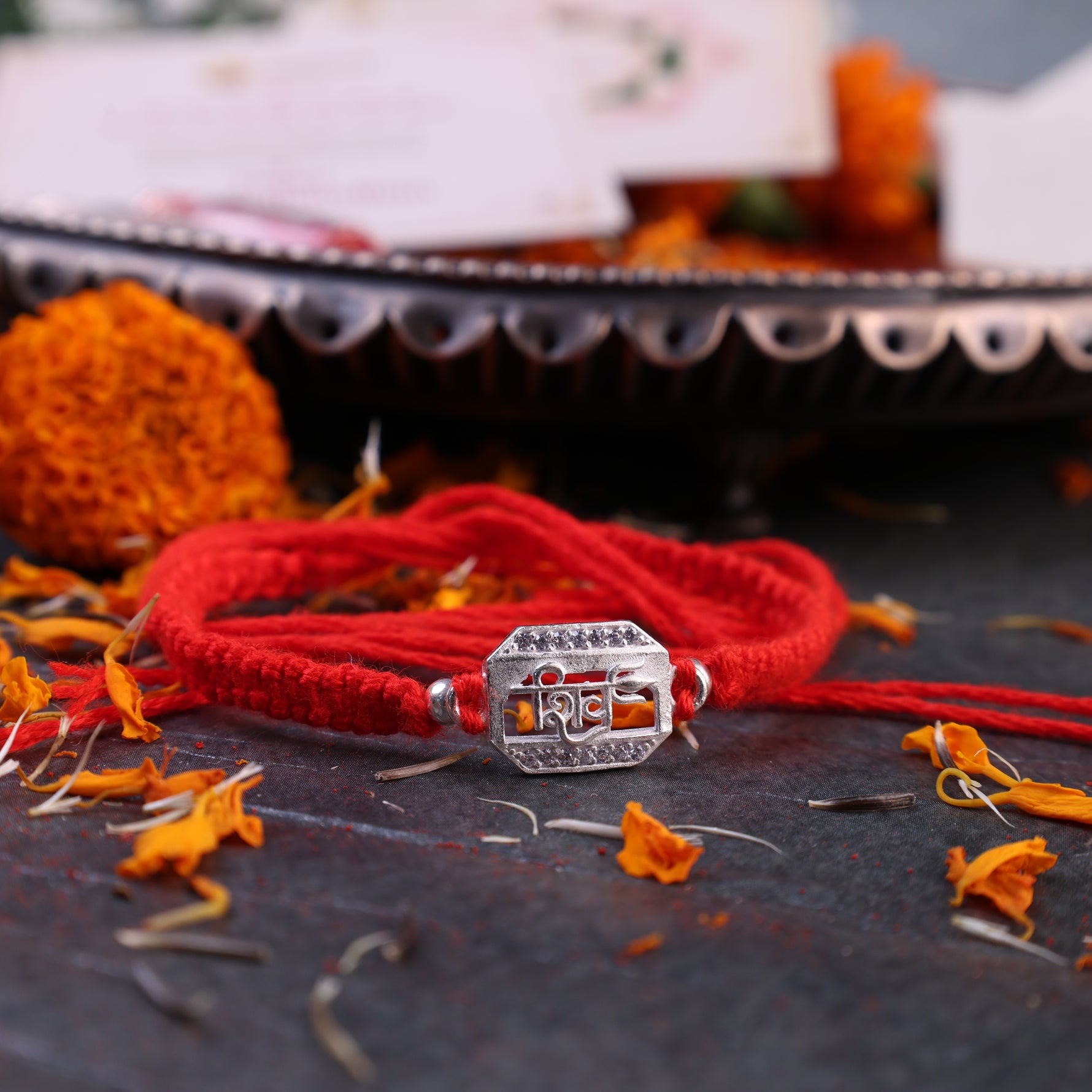 925 Sterling Silver Shiv Rakhi | Handmade Red Thread Raksha Bandhan Bracelet for Brother