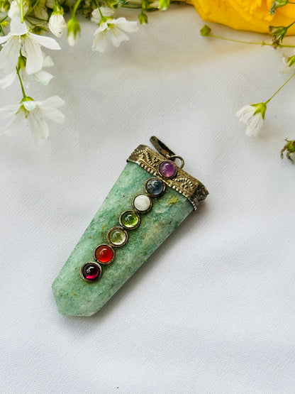 Seven Chakra Pendant with Green Onyx - Abhimantrit & Certified
