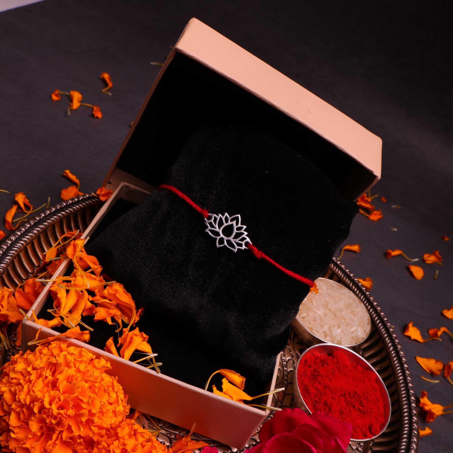 925 Pure Silver Lotus Thread Rakhi for Prosperity & Peace