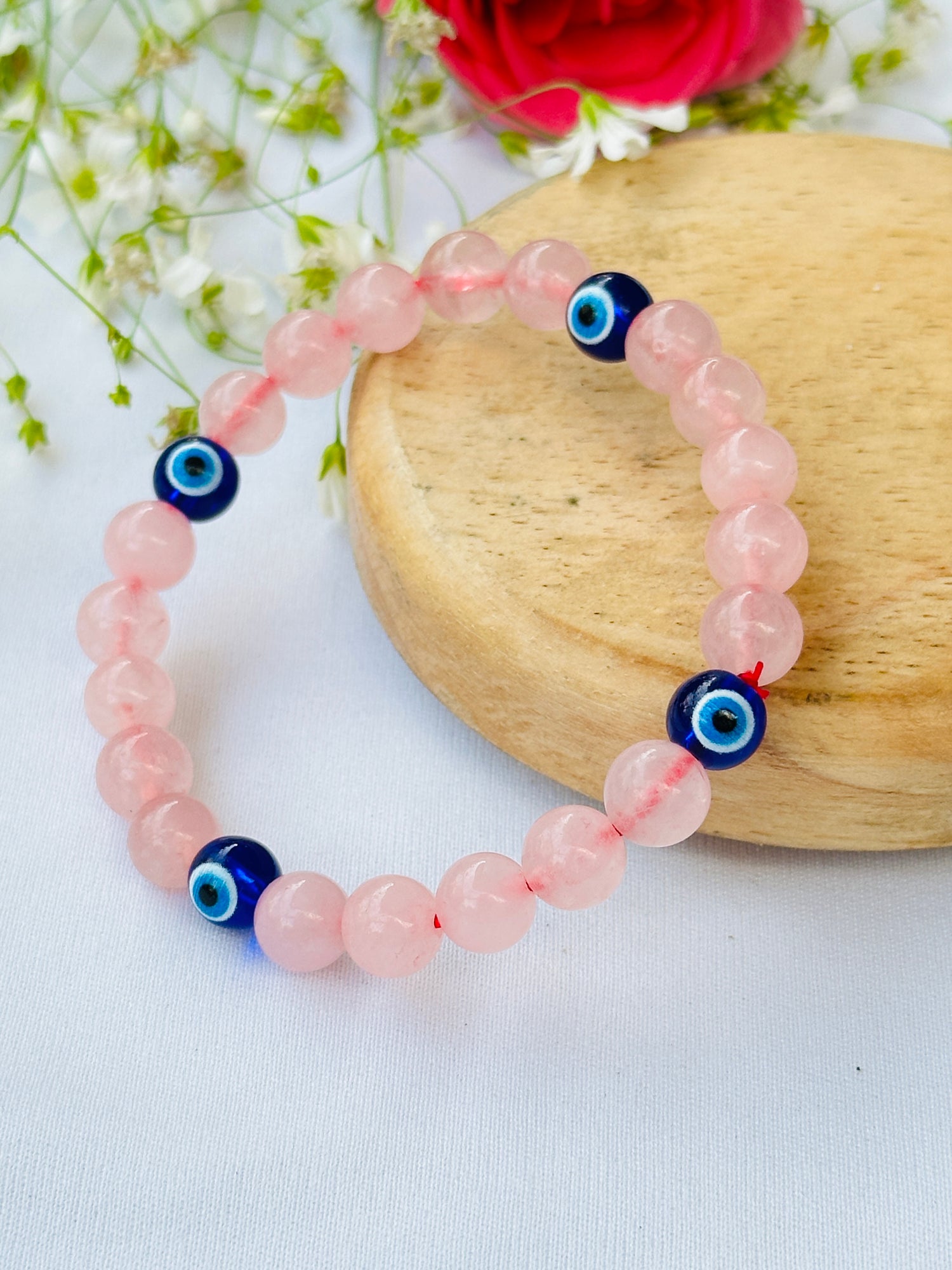 Love and Relationship Protect: Rose Quartz with Evil Eye Bracelet - Abhimantrit & Certified