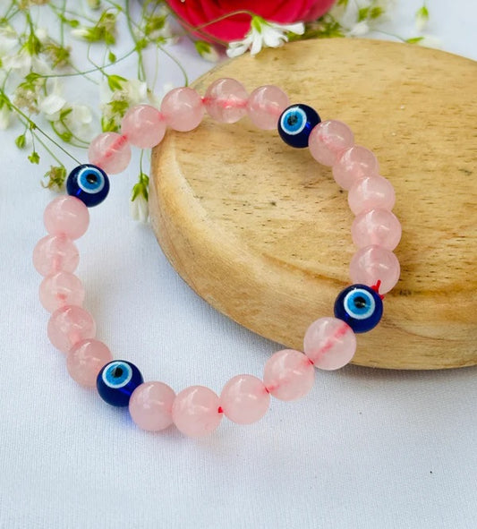 Love and Relationship Protect Bracelet (Rose Quartz with Evil Eye) - Abhimantrit & Certified